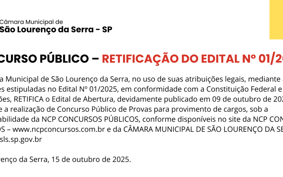 @Slide – CONCURSO PÚBLICO – RETIFICAÇÃO DO EDITAL Nº 01/2025